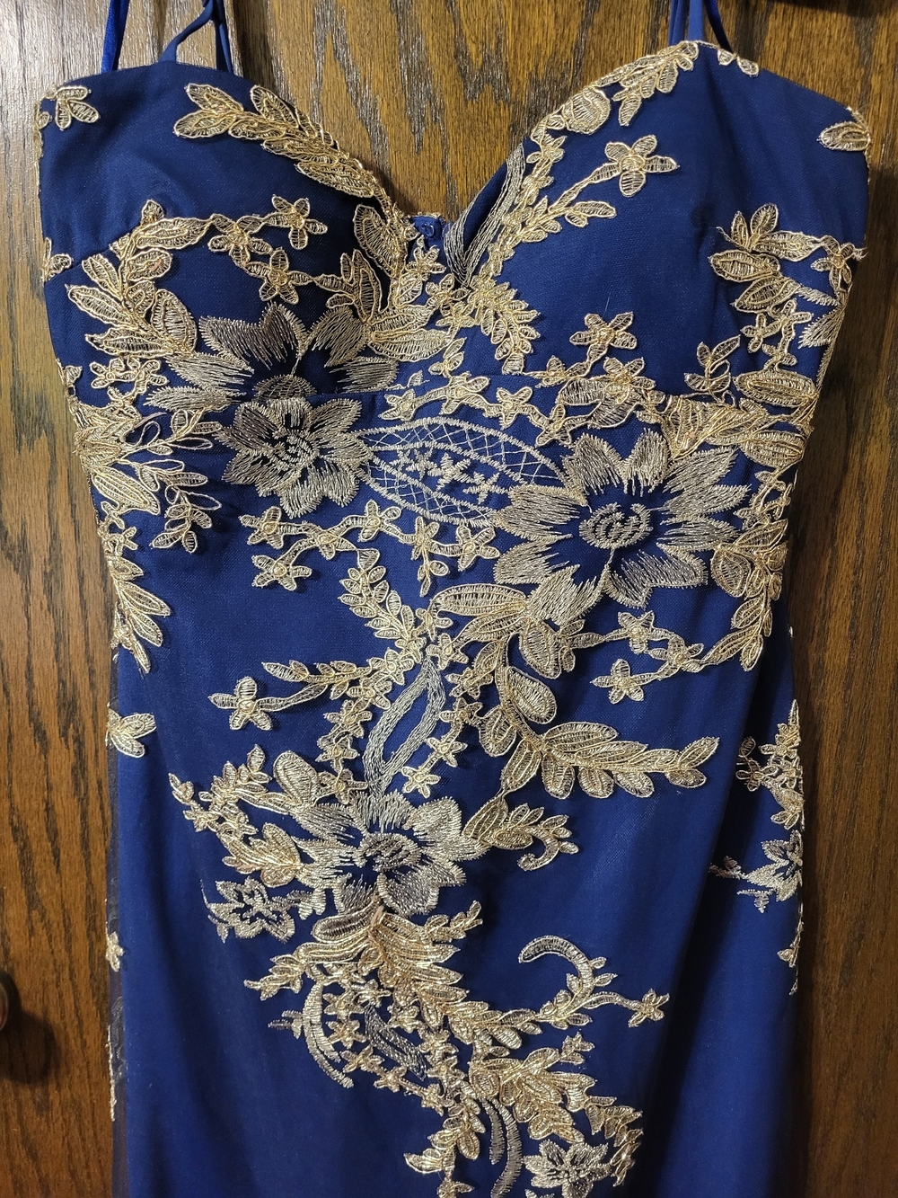 Strapless Navy Blue Dress with Gold Floral Lace Embroidery